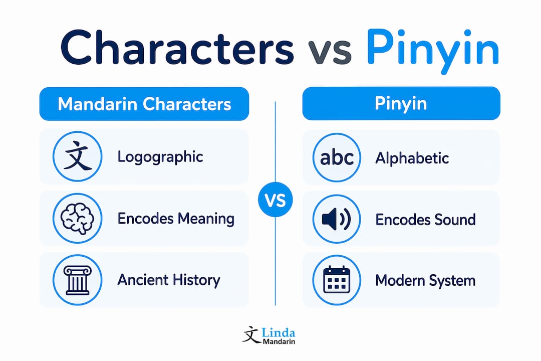 Infographic comparing Mandarin characters and Pinyin