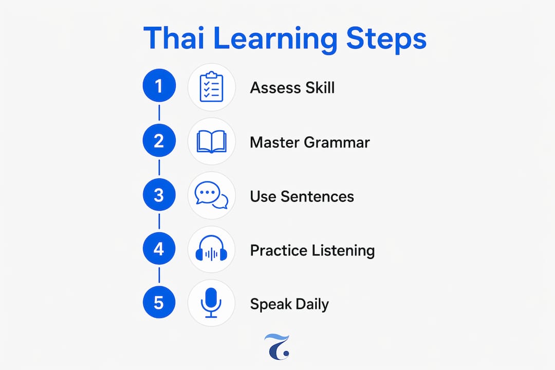Infographic outlining five steps for learning intermediate Thai