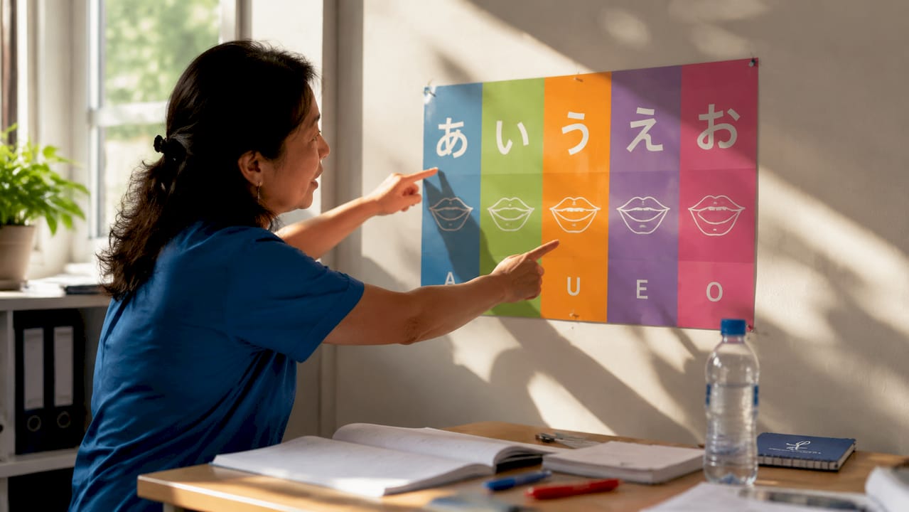 Hands pointing to Japanese vowel chart on table