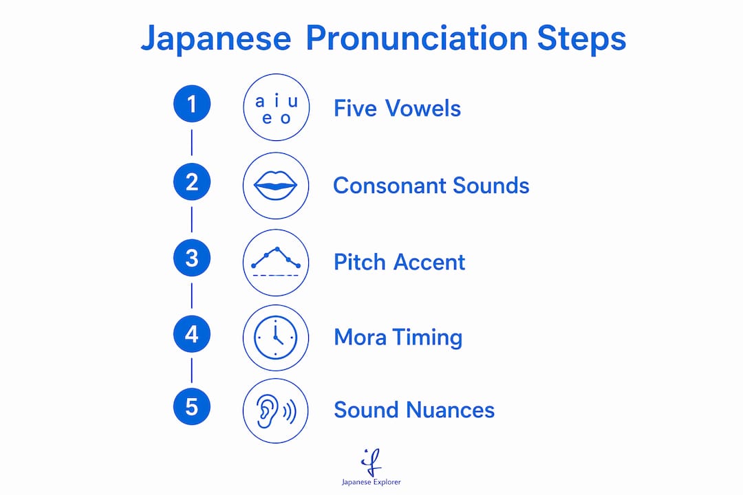Infographic outlining five key steps of Japanese pronunciation
