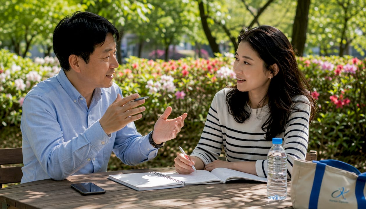 Tutor and learner speaking in cafe Korean lesson