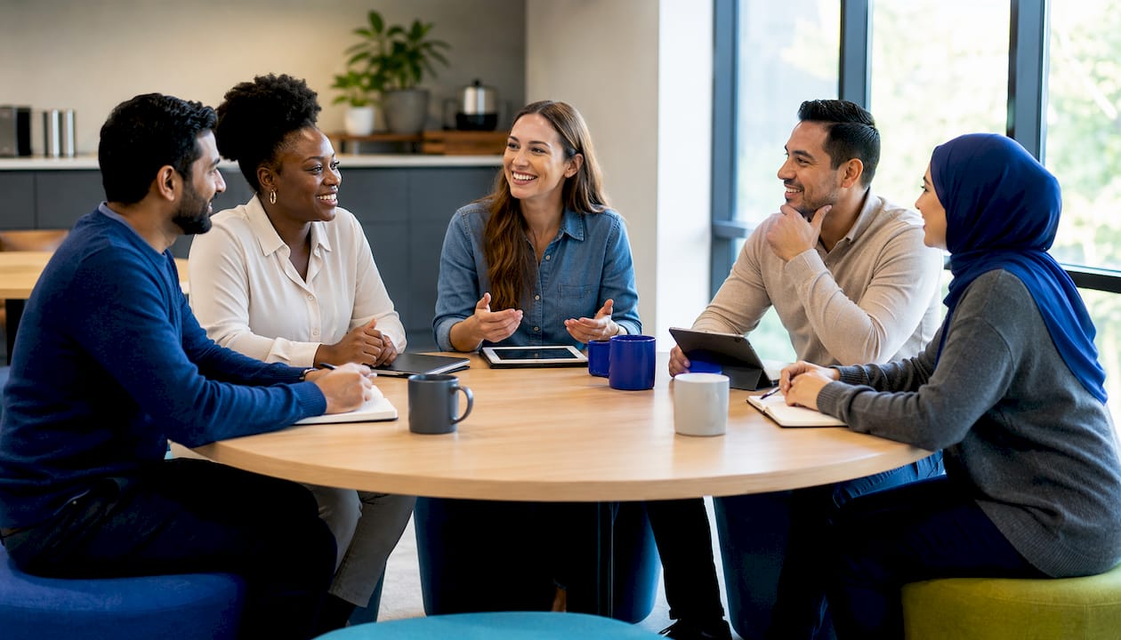 Diverse team collaborating on language benefits