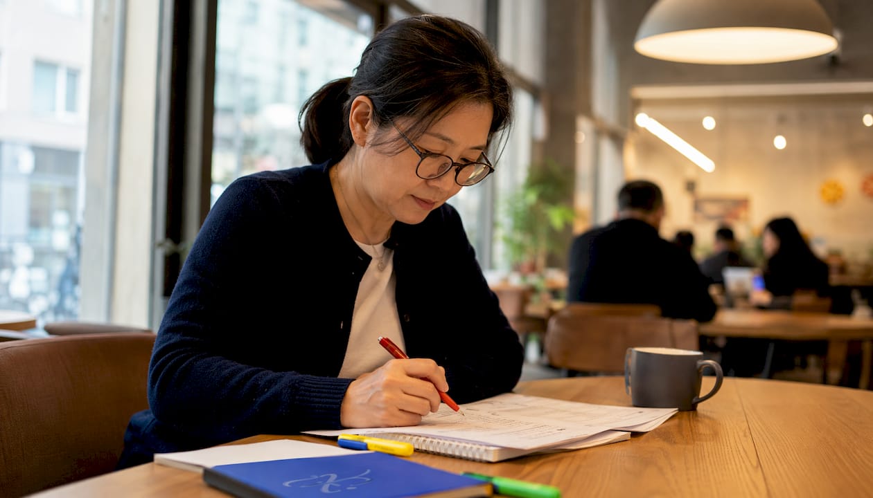 Learner marking TOPIK II practice sheet in library