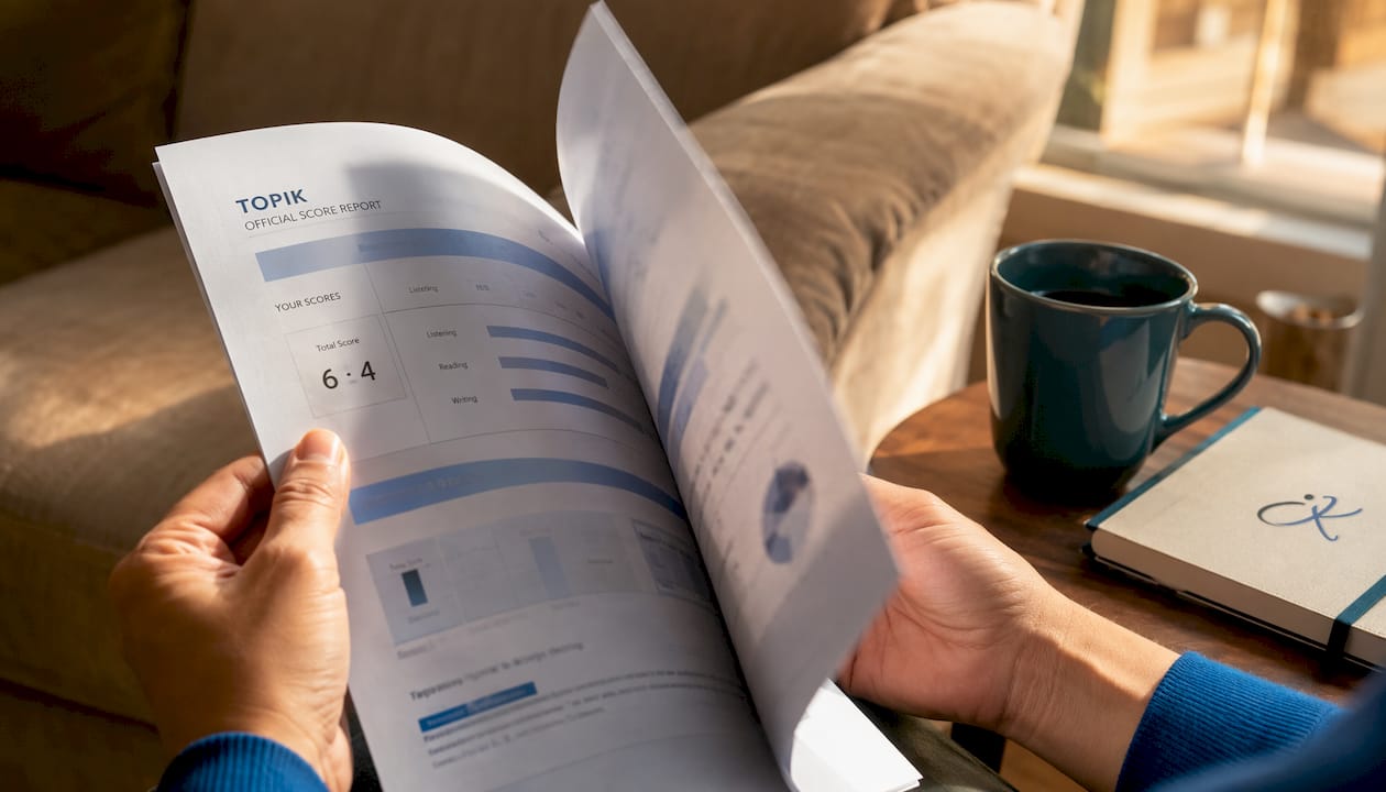 Hands holding TOPIK exam score report in home office