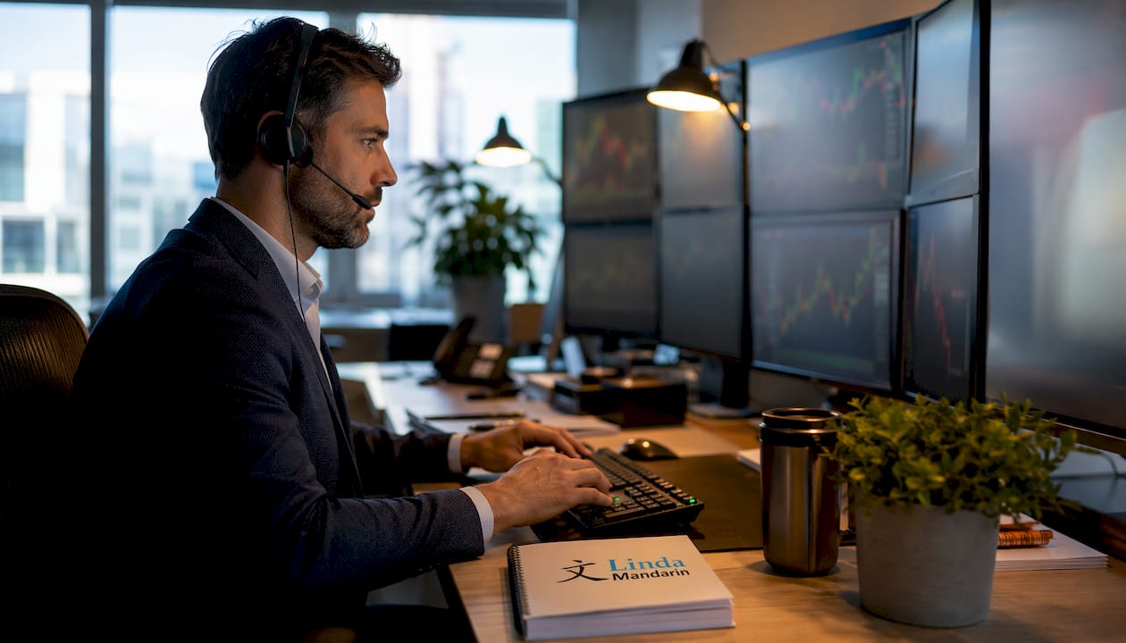 Trader working at a financial market trading desk