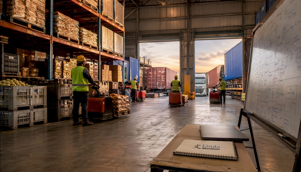 Busy commodity warehouse with forklifts