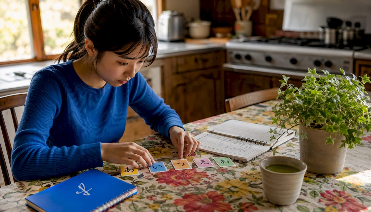 Hands arranging hiragana vowel tiles on table
