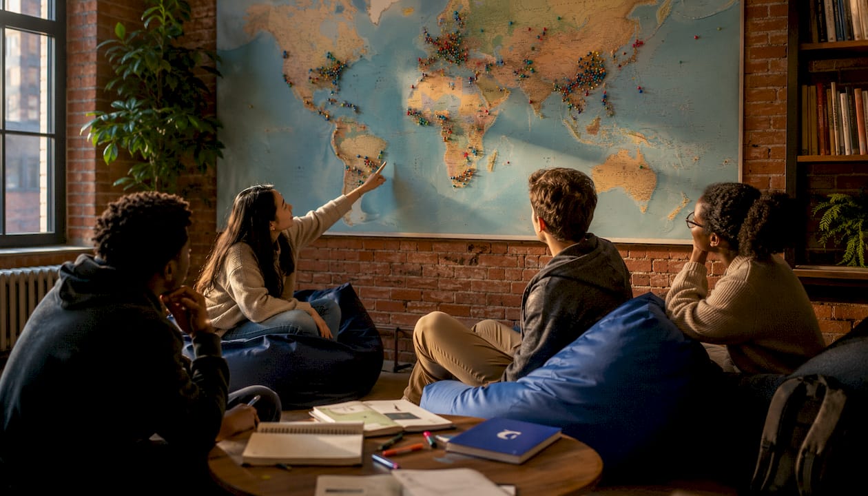 Students discussing tonal languages on map