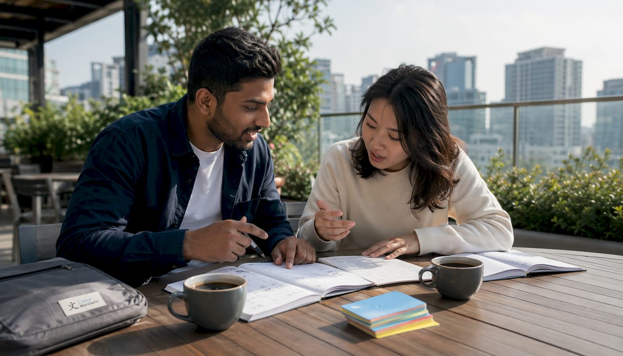 Two professionals studying Mandarin vocabulary together
