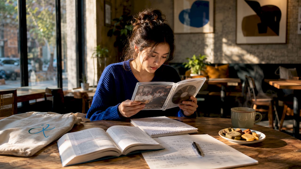 Study desk with Korean film and language tools