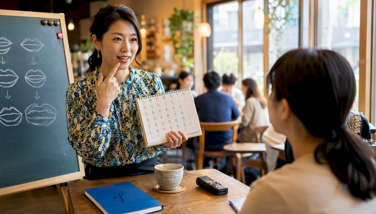 Tutor demonstrating Japanese pronunciation in classroom