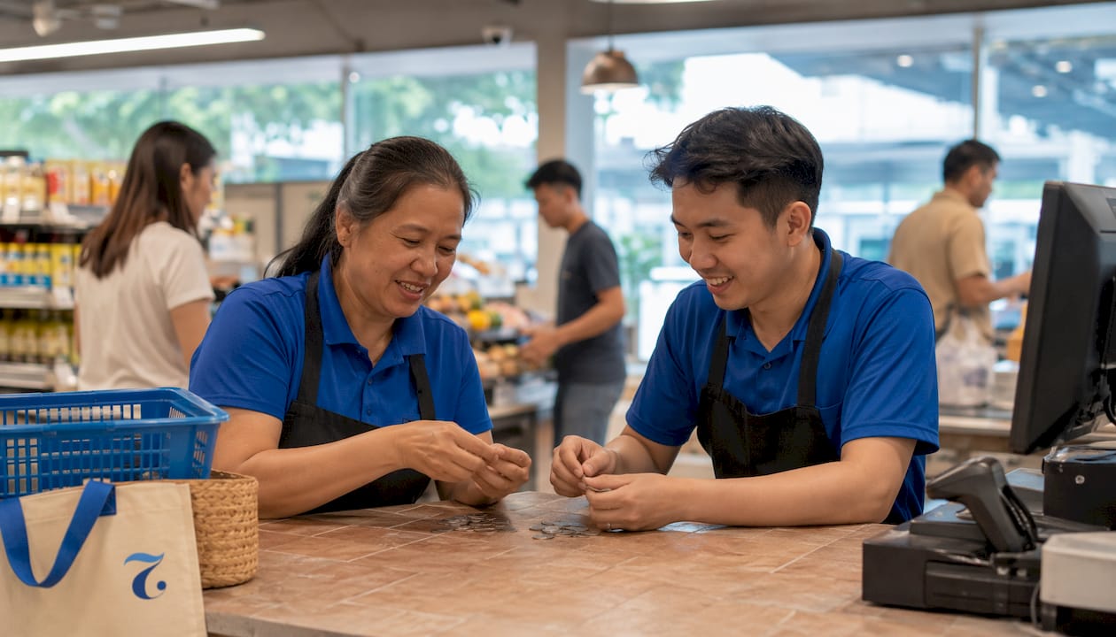 Cashier handling 25 and 50 satang coins at checkout