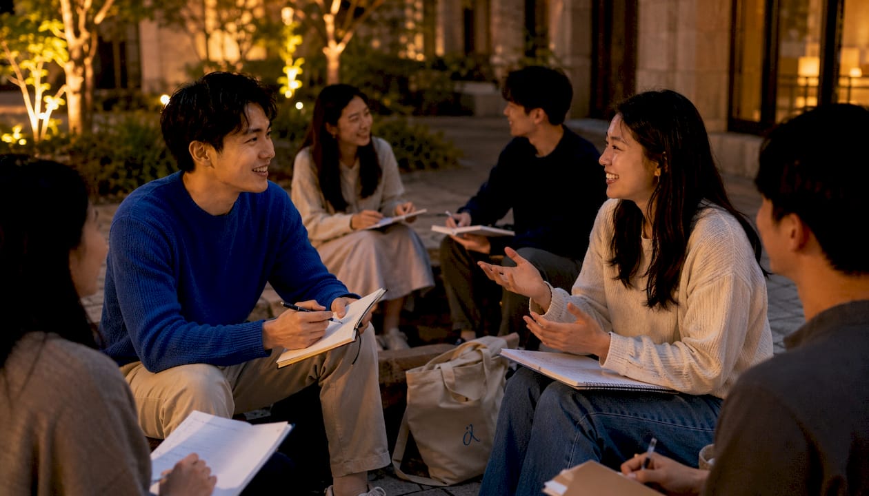 Adults engaging in peer conversation during group class
