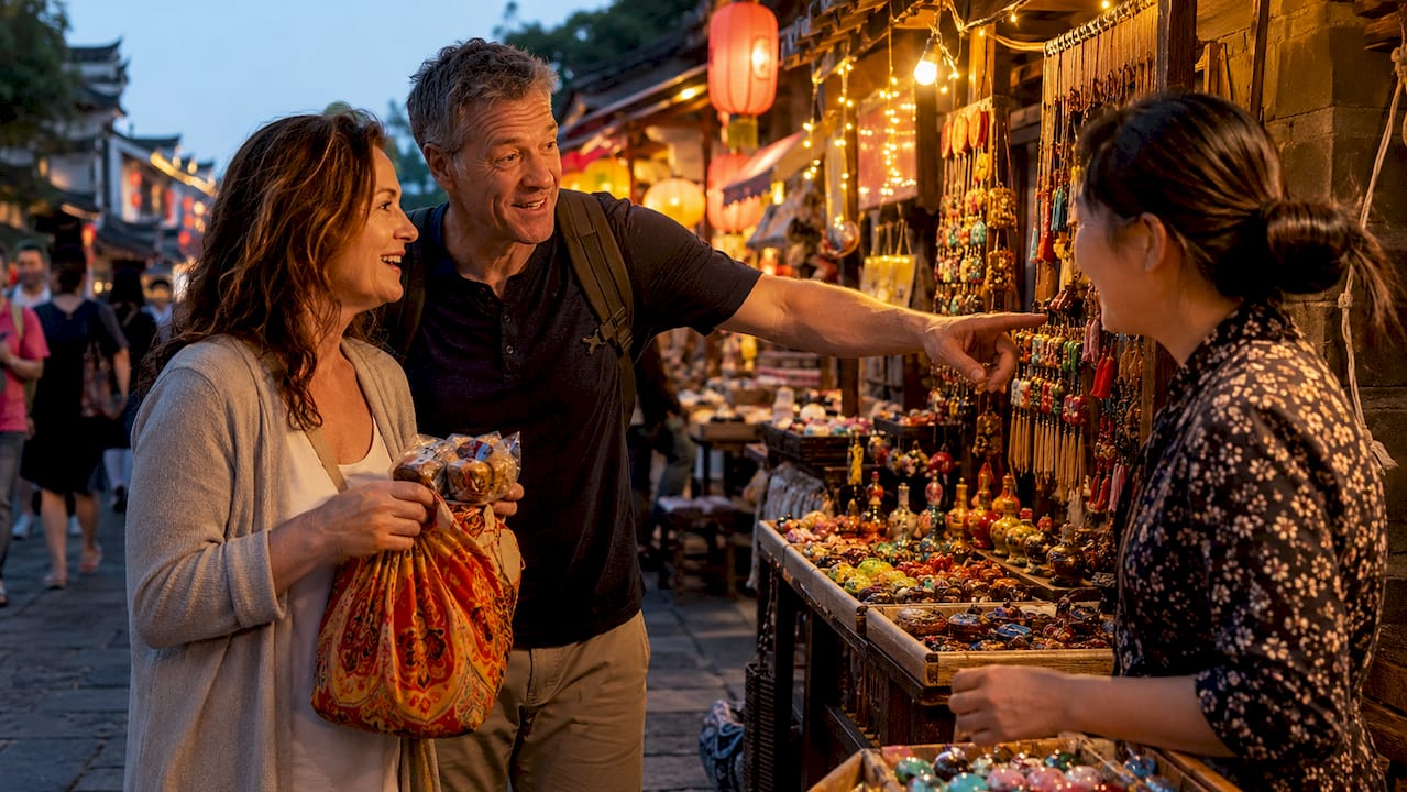 Couple interacting with vendor in Asian market