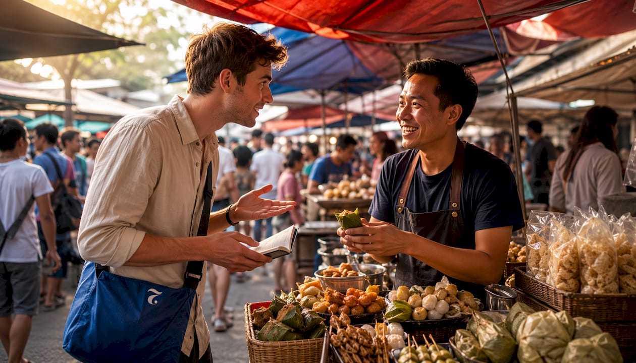 Tourist practicing Thai questions with market vendor