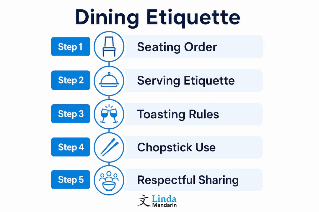 Infographic illustrating Chinese dining etiquette steps