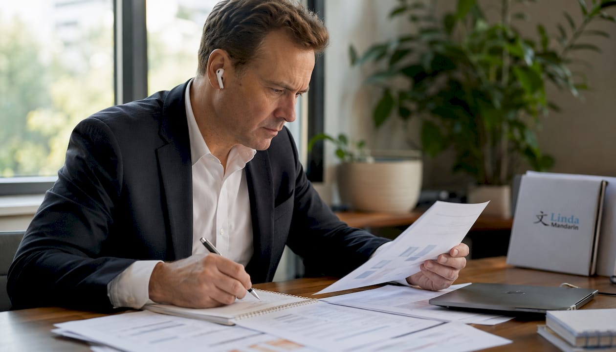 Man practicing business Mandarin with audio and documents