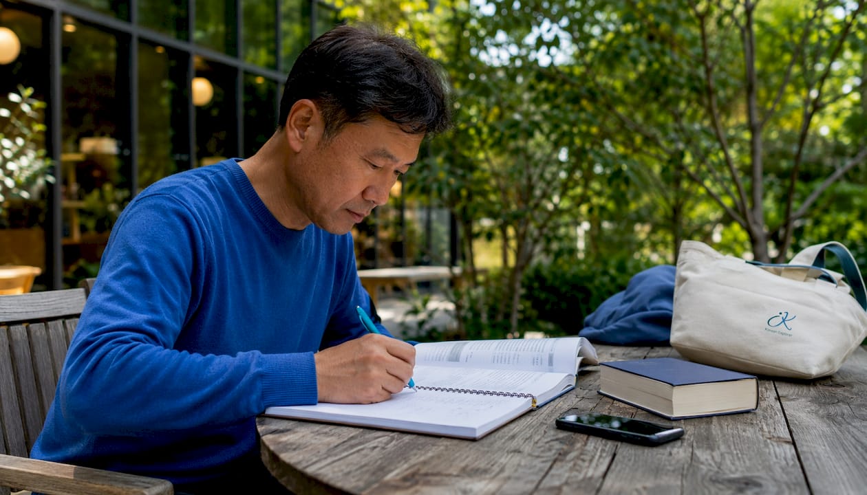 Adult learner engaged in focused language practice
