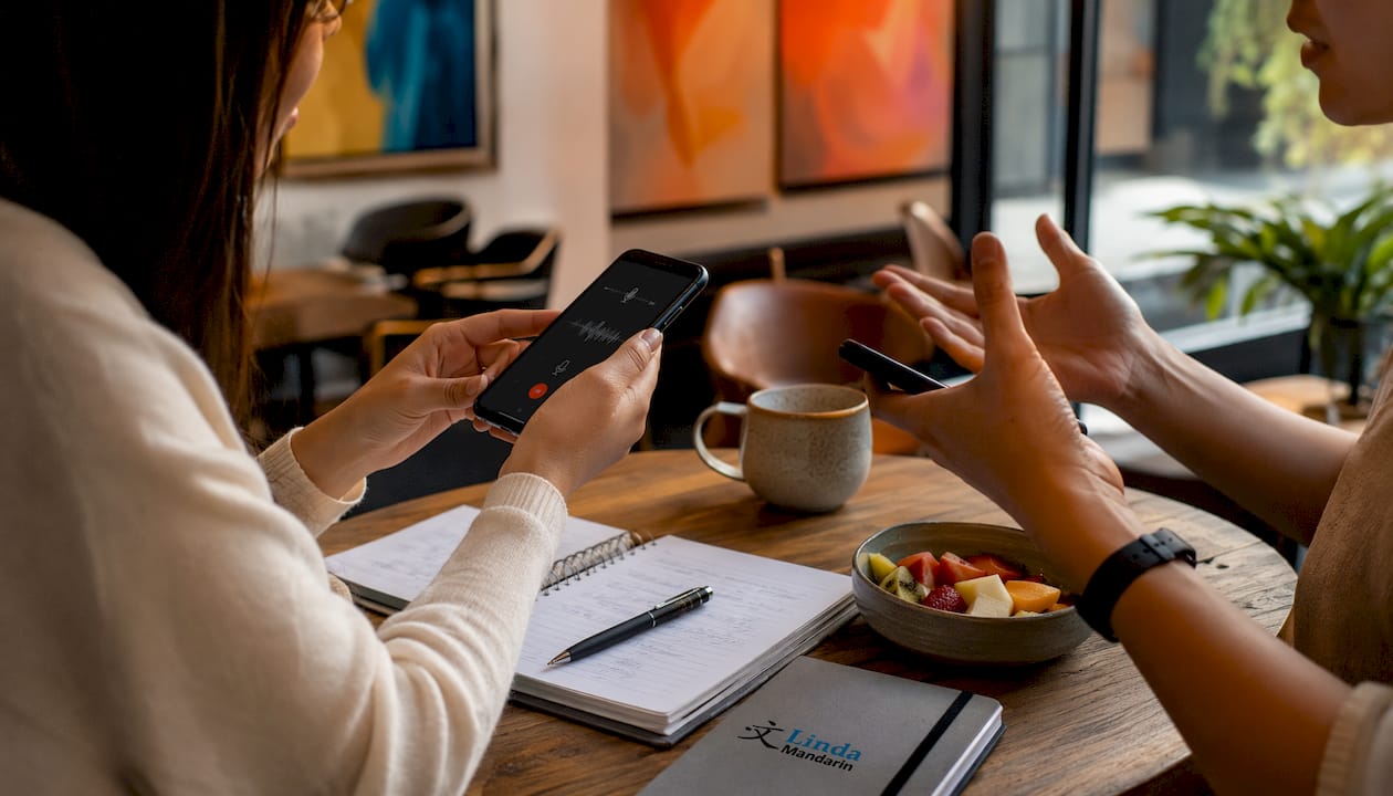 Hands exchanging WeChat voice messages in business setting