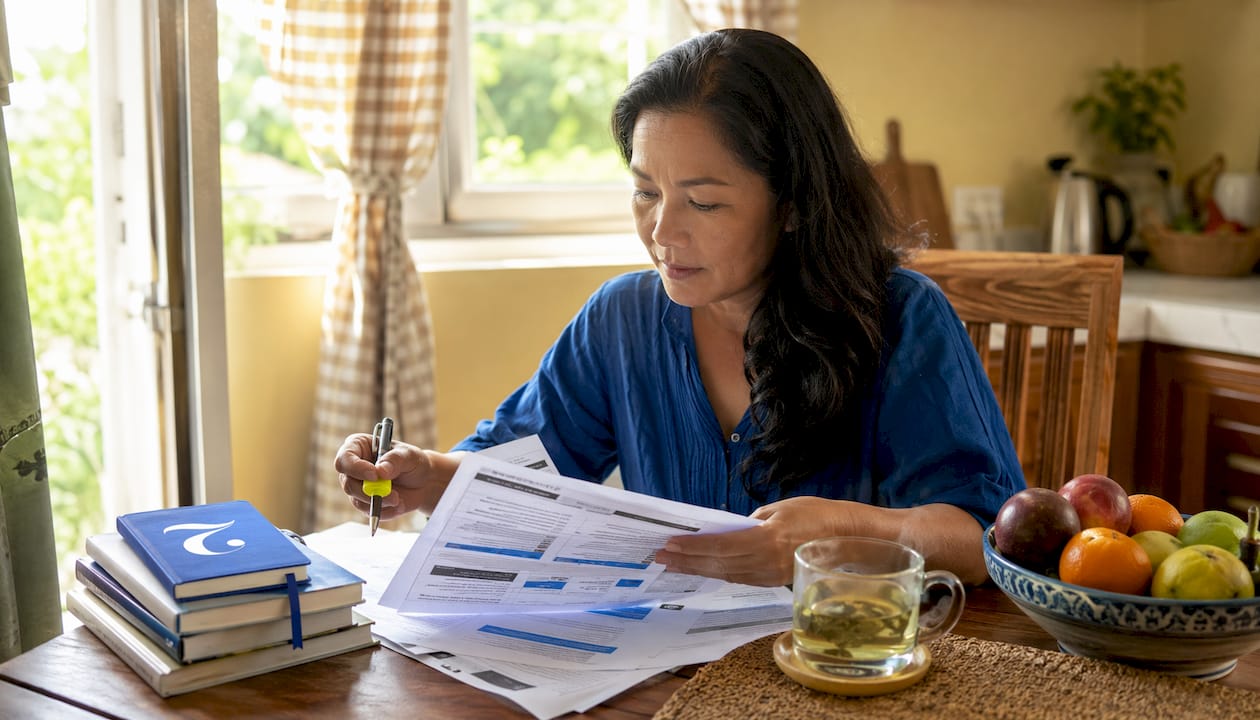Woman comparing Thai language platform printouts
