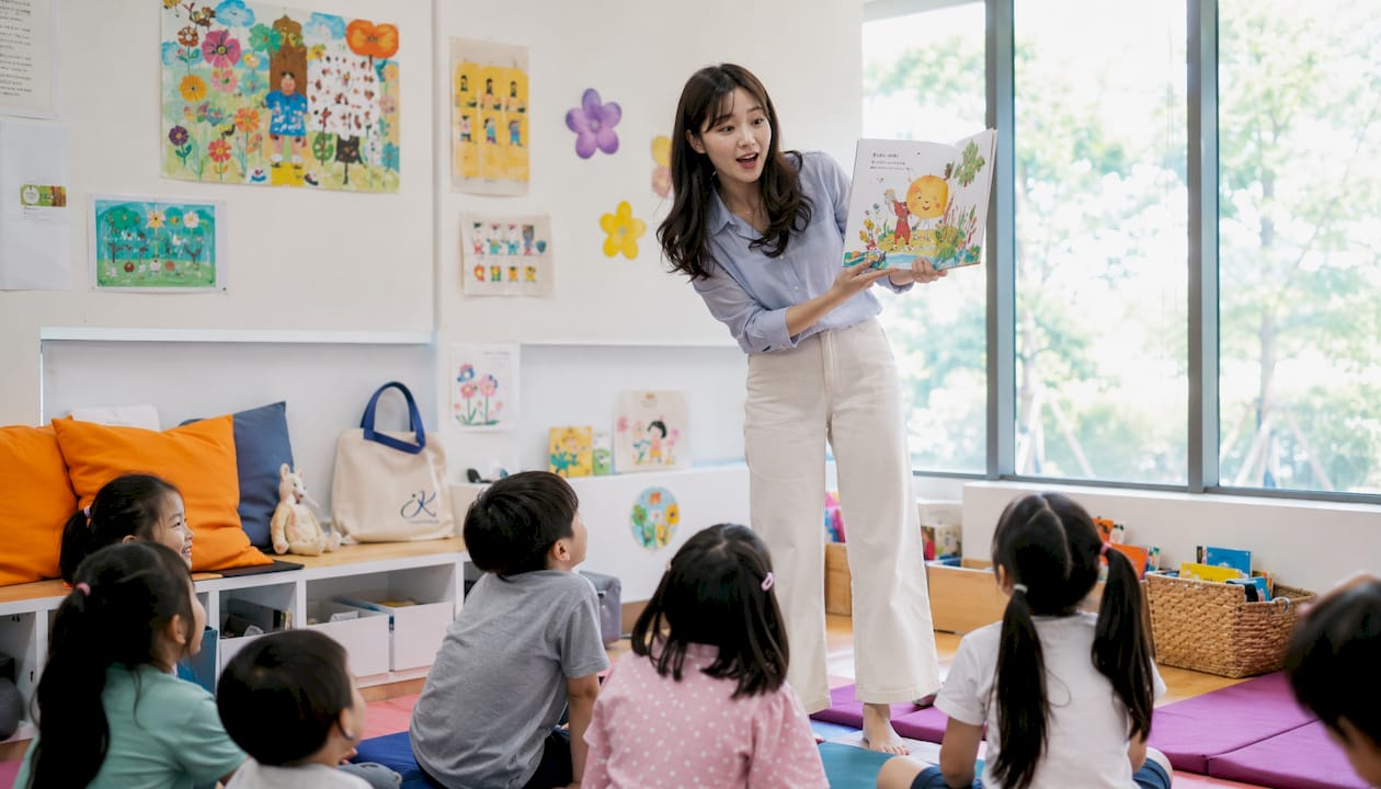 Instructor using flashcards with children