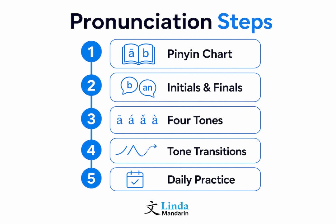 Infographic outlining step-by-step Chinese pronunciation practice plan