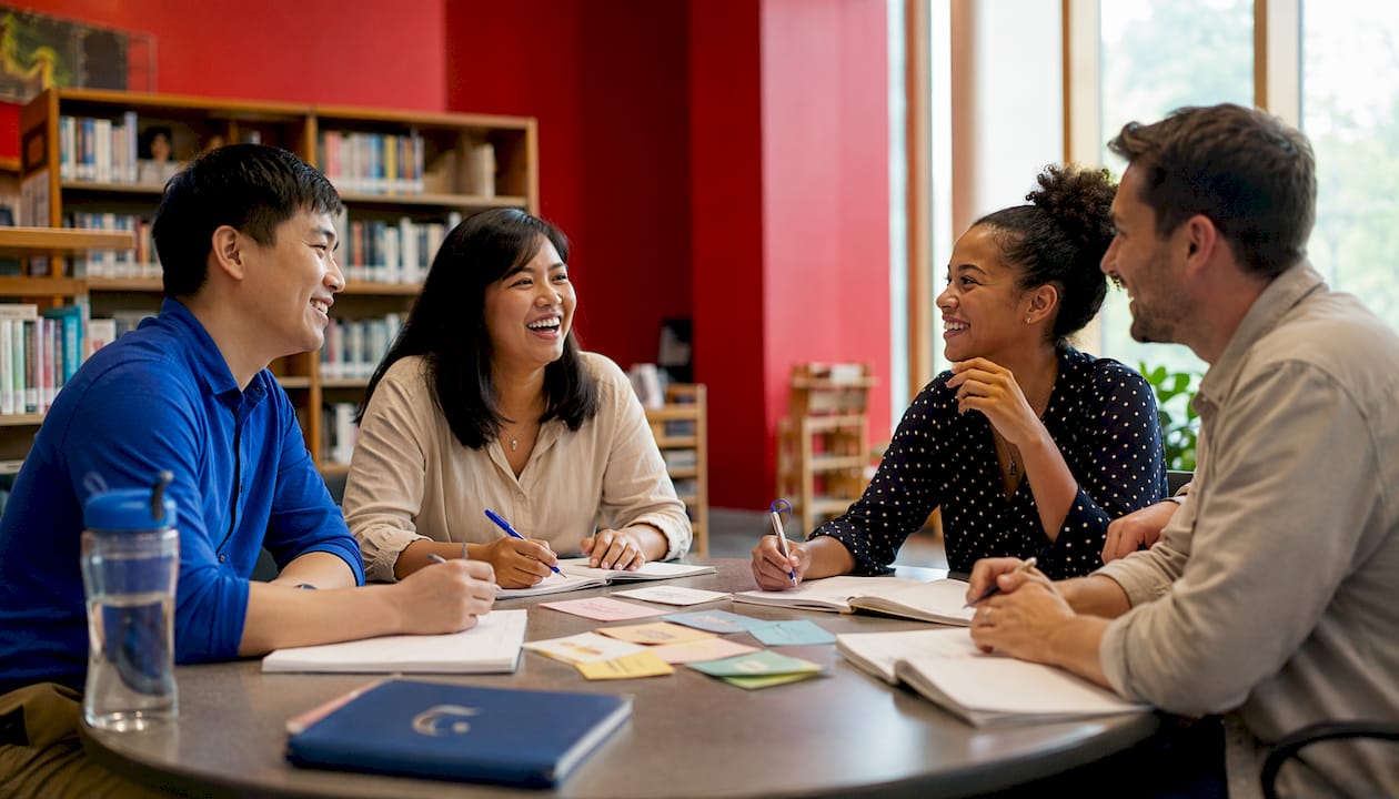 Diverse adult learners discussing Thai language