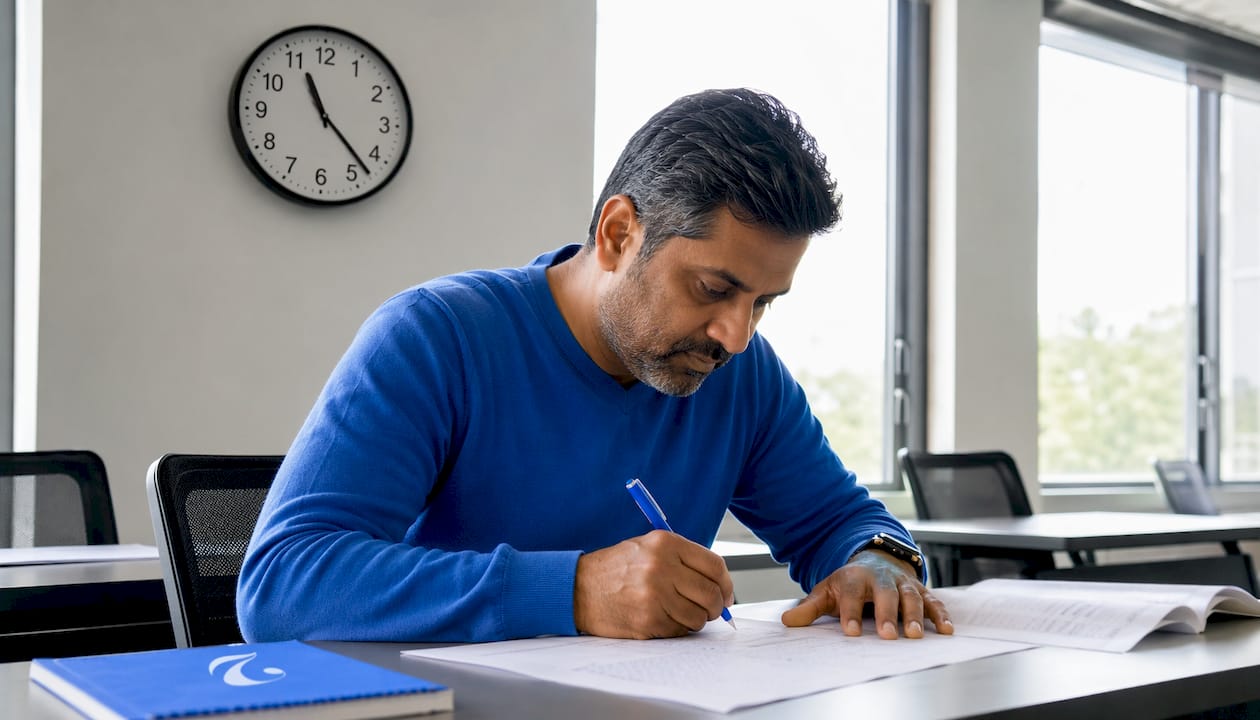 Man taking CU-TFL exam in test room