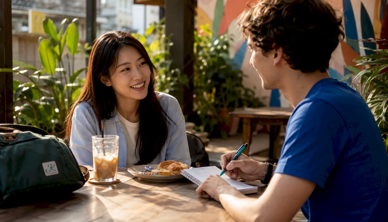 Two people practicing Korean conversation at café