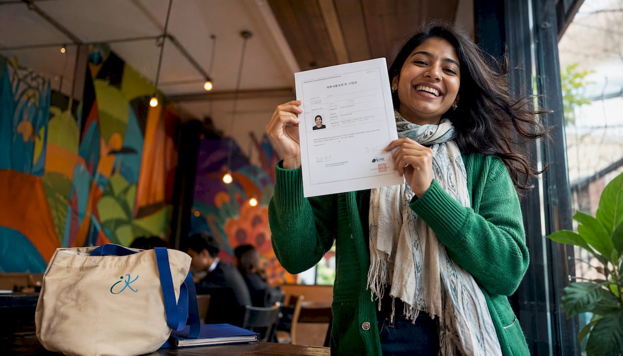 Young woman outdoors happy with Korean proficiency certificate