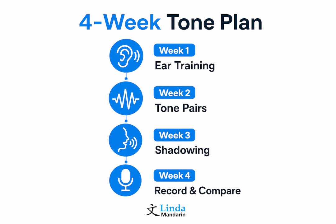Infographic showing four-week Mandarin tone practice plan