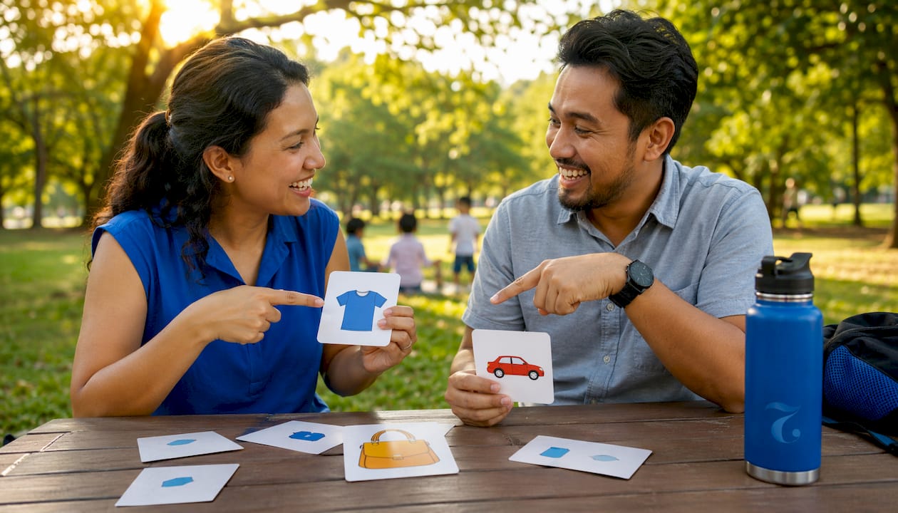 Couple practicing Thai color sentences outdoors