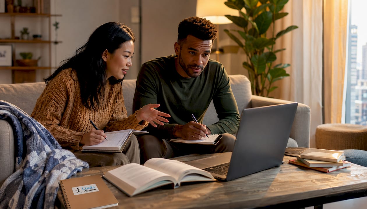 Couple in online Mandarin tutor session