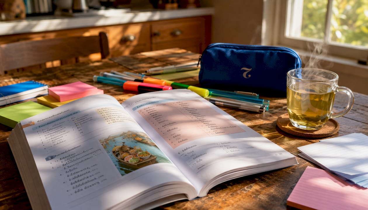 Open Thai language curriculum textbook on desk