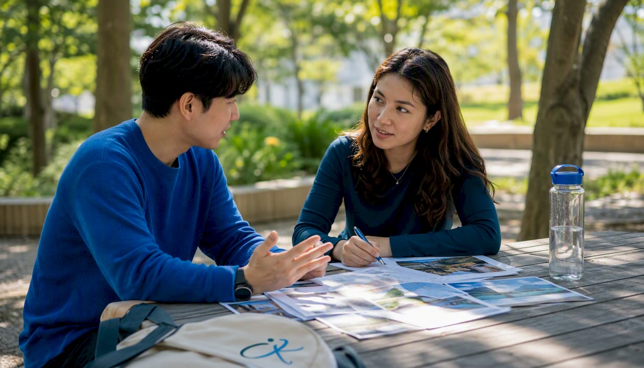 Travel planning with Korean brochures and itinerary
