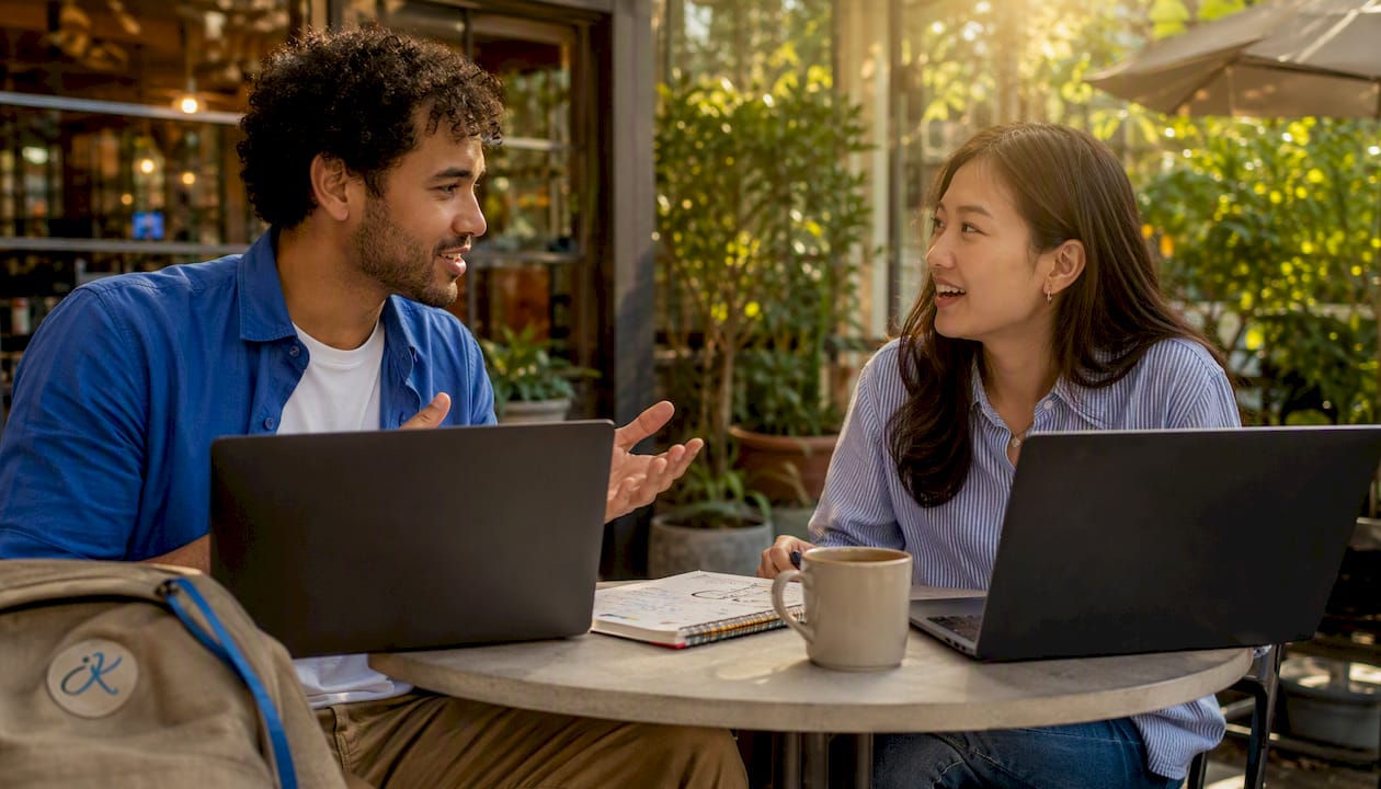 Two people using language exchange app at café table