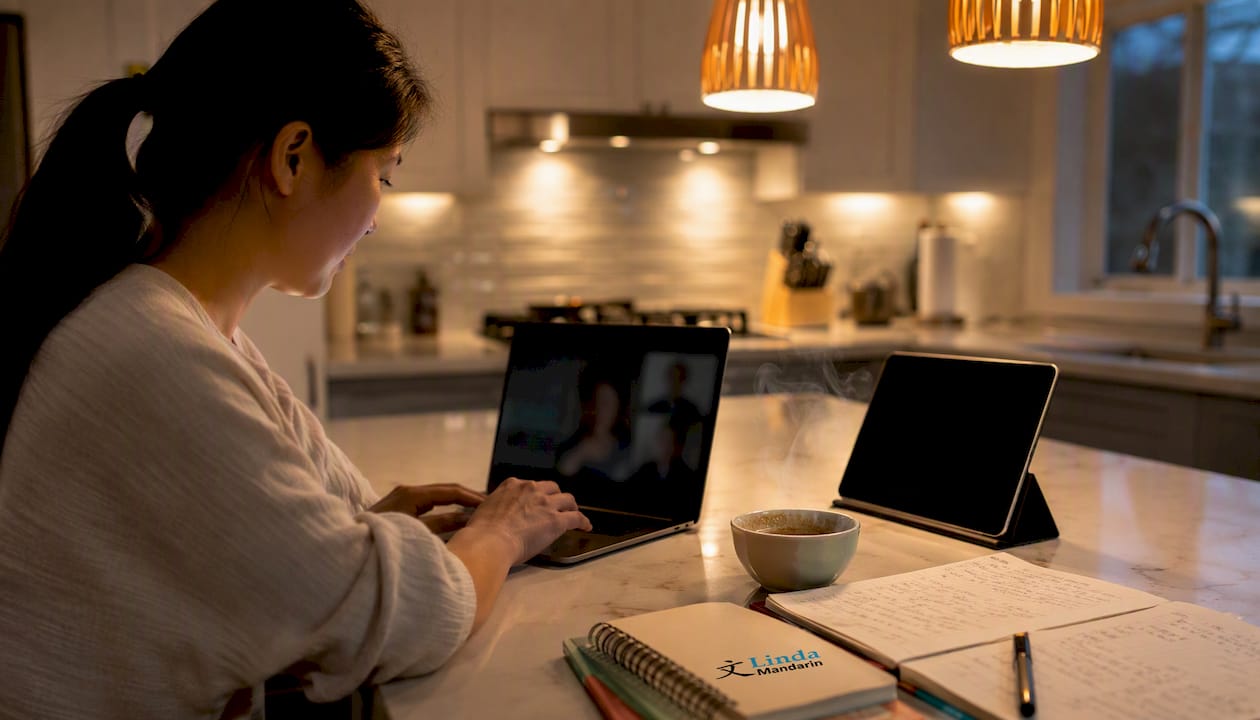 Overhead view of adult hands typing during online tutor session