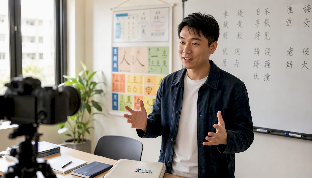 Chinese teacher recording language lesson video