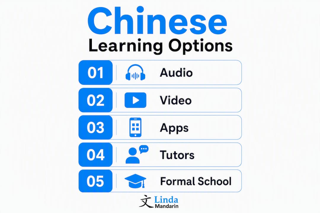 Infographic showing Chinese learning options and categories