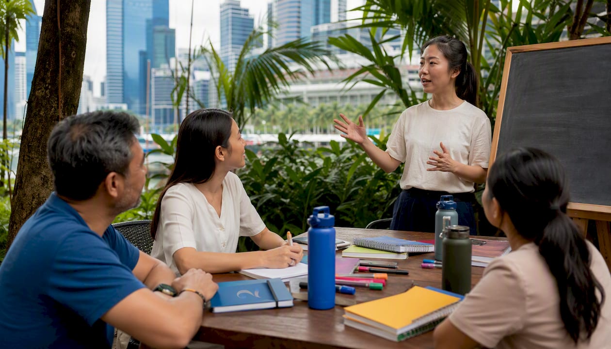 Adult learners consulting Thai class syllabus