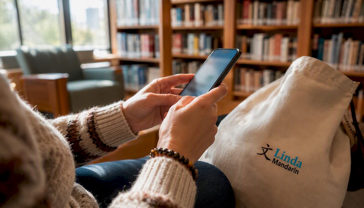 Hands using language app in cafe