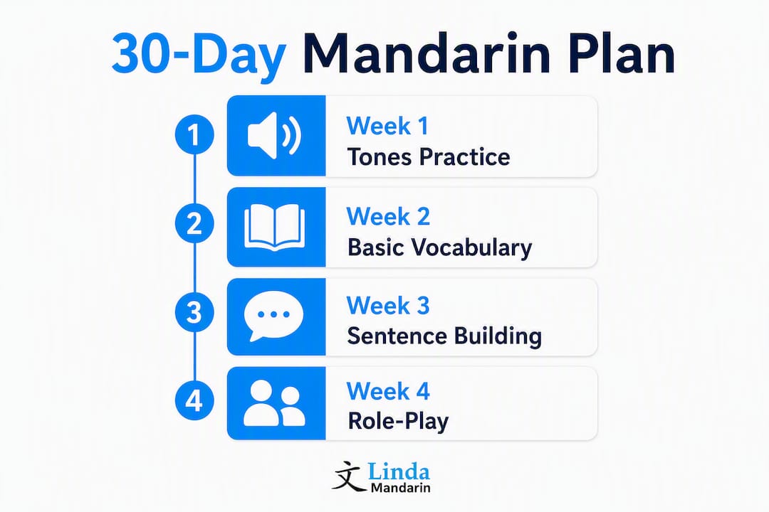 Infographic of 30-day Mandarin learning plan steps
