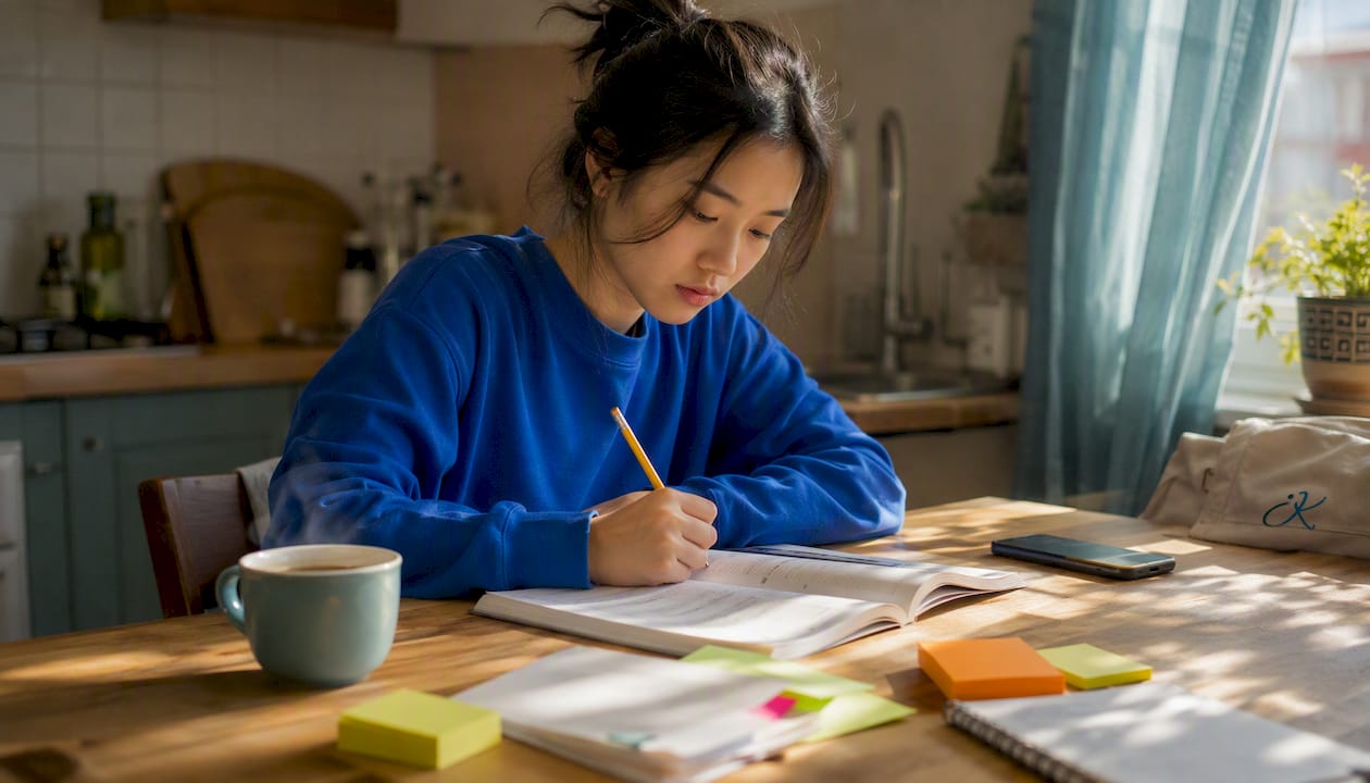 Self-guided learner studying Korean workbook