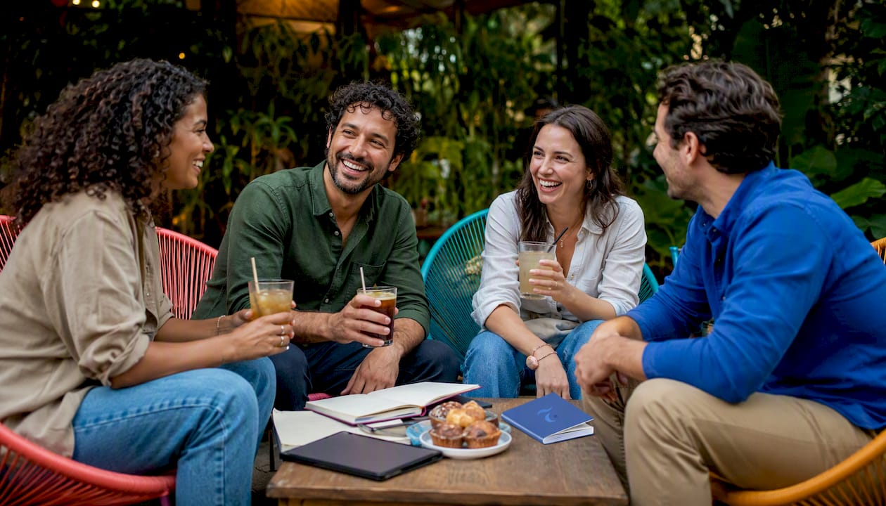Group practicing English dialogues in café