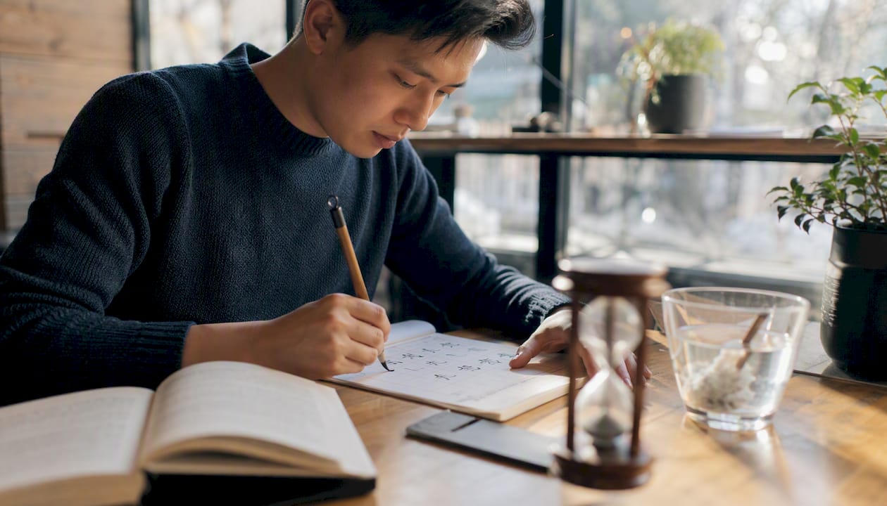 Hand writing Chinese characters with brush pen and timer