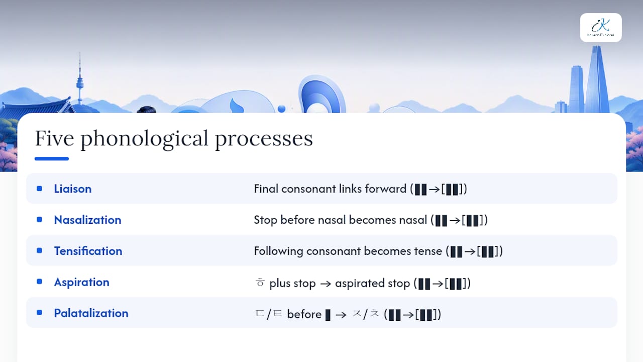 Diagram illustrating five Korean phonological processes