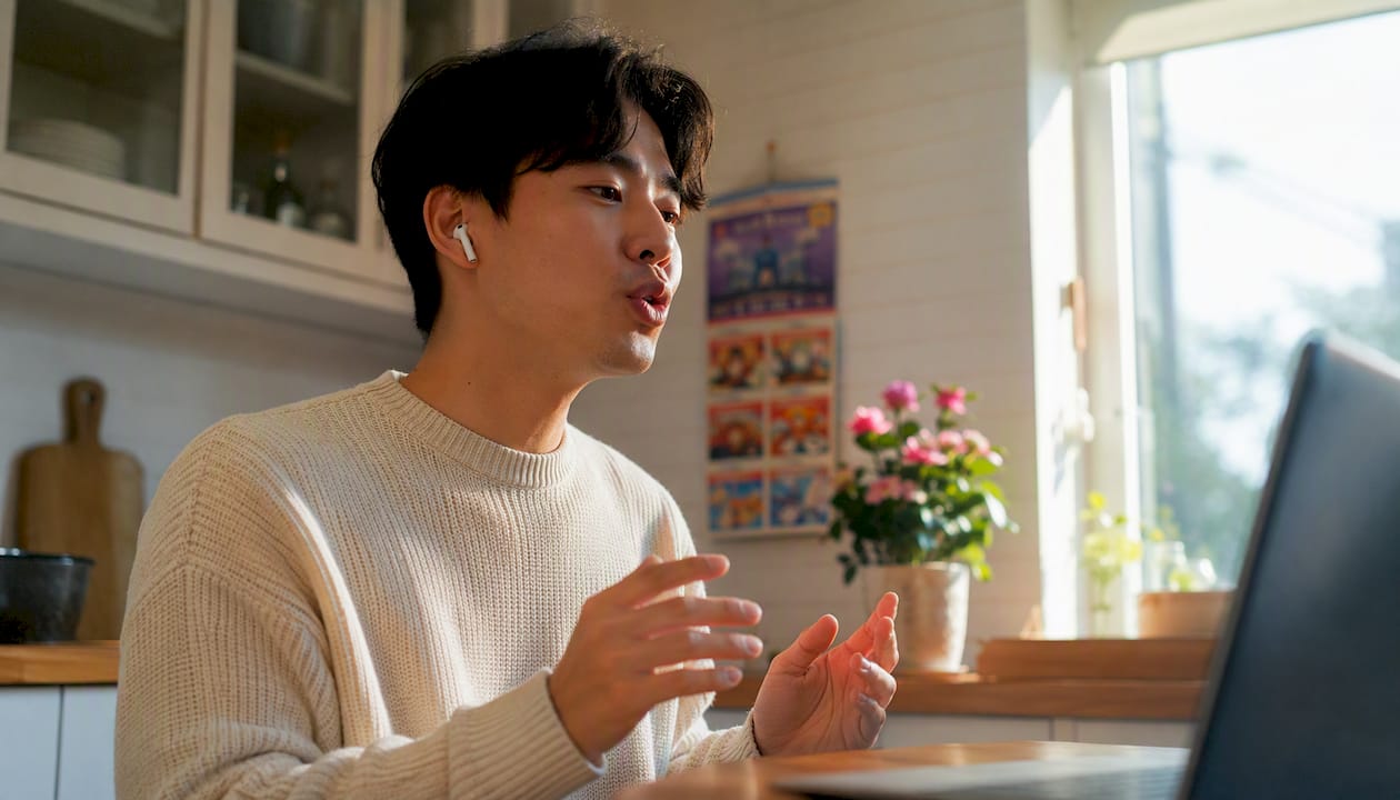 Learner practicing Korean shadowing with earphones