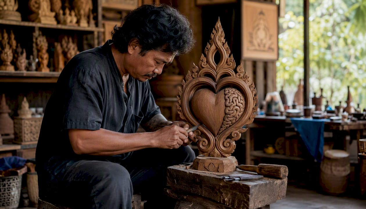 Traditional Thai carving symbolizing heart and mind
