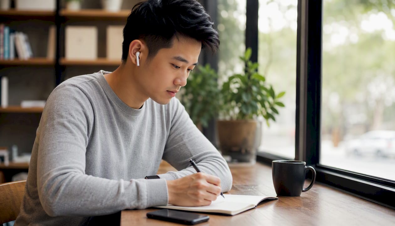 Adult learner focused on listening practice with earbuds