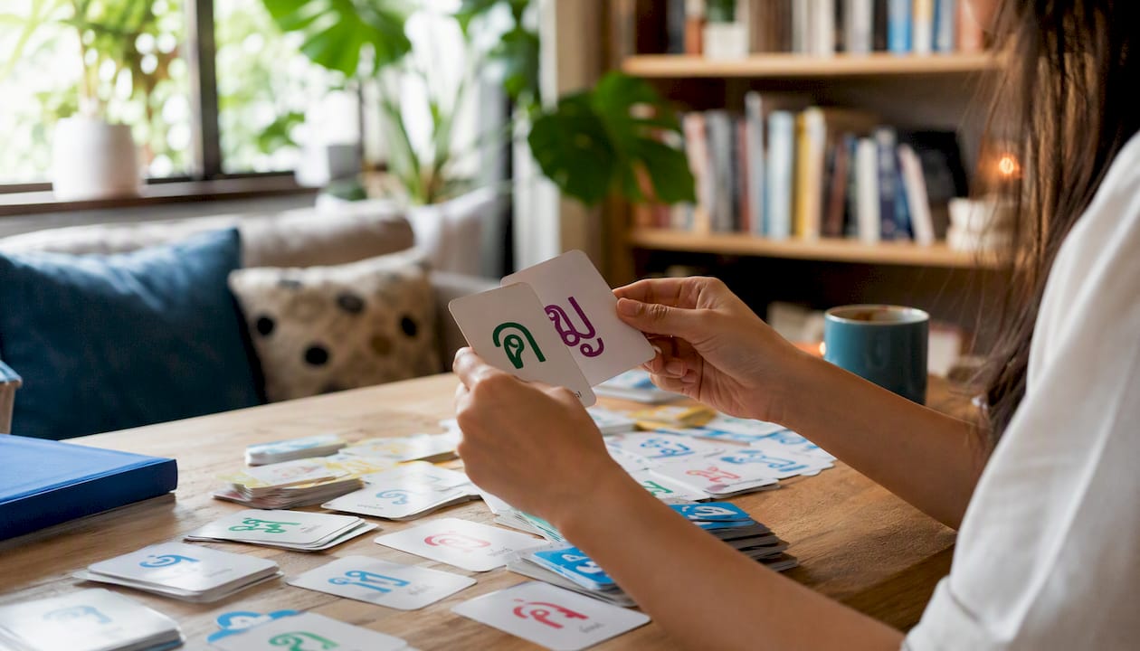 Hands holding Thai script flashcards